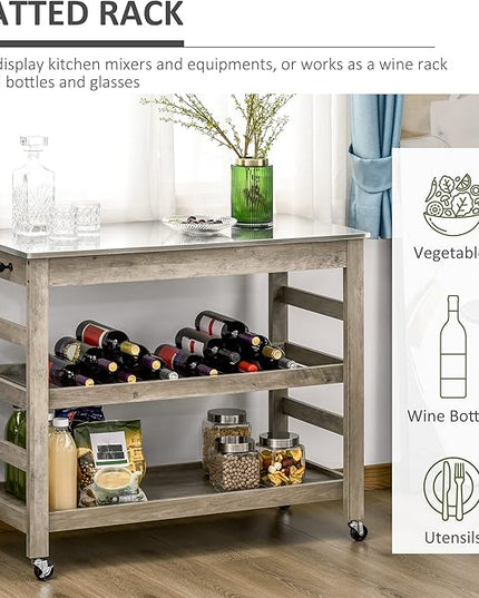 HOMCOM Rolling Kitchen Cart with Stainless Steel Countertop, 1 Bottom Shelf, 1 Slotted Middle Shelf and 4 Castor Wheels, Grey - LeafyLoom