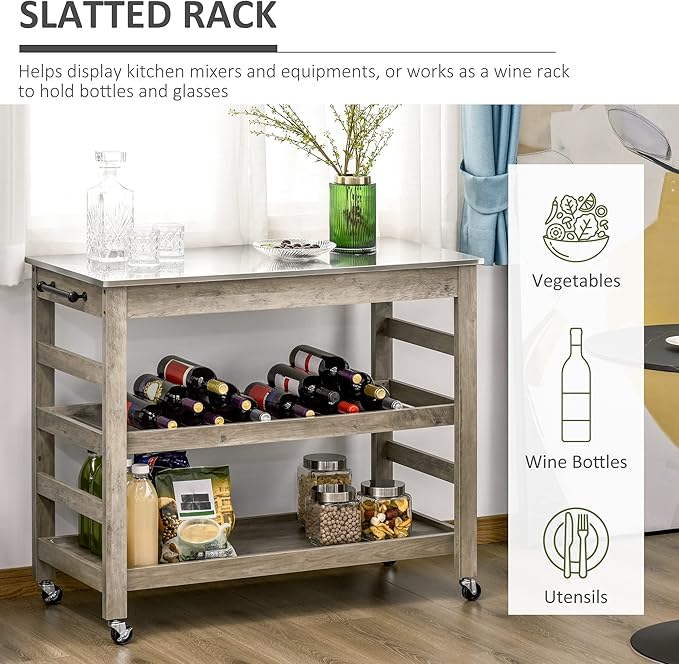 HOMCOM Rolling Kitchen Cart with Stainless Steel Countertop, 1 Bottom Shelf, 1 Slotted Middle Shelf and 4 Castor Wheels, Grey - LeafyLoom