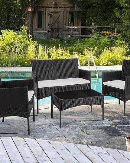 Shintenchi 4 Piece Outdoor Patio Furniture Sets, Small Wicker Patio Conversation Furniture Rattan Chair Set with Tempered Glass Coffee Table for Backyard Porch Garden Poolside Balcony - LeafyLoom