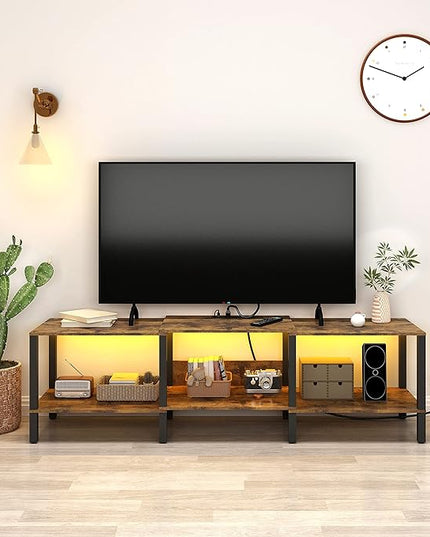 Modern LED TV Stand with Power Outlet for Living Room+75 Inch Wood TV Media Console for 55/65/75 inch TVs，Industrial TV Stand，TV Stand Media Entertainment Center，Rustic Brown LTV06BE - LeafyLoom