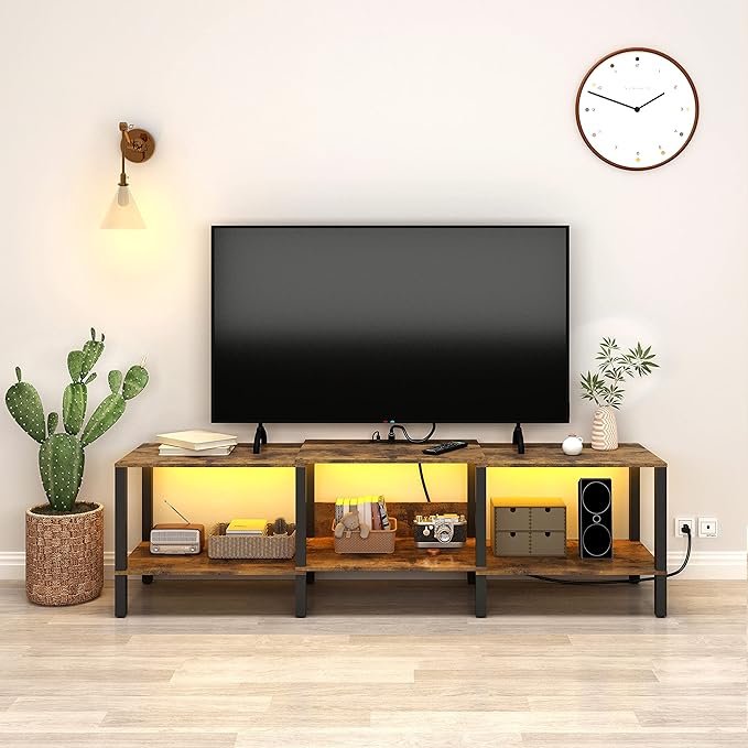 Modern LED TV Stand with Power Outlet for Living Room+75 Inch Wood TV Media Console for 55/65/75 inch TVs，Industrial TV Stand，TV Stand Media Entertainment Center，Rustic Brown LTV06BE - LeafyLoom