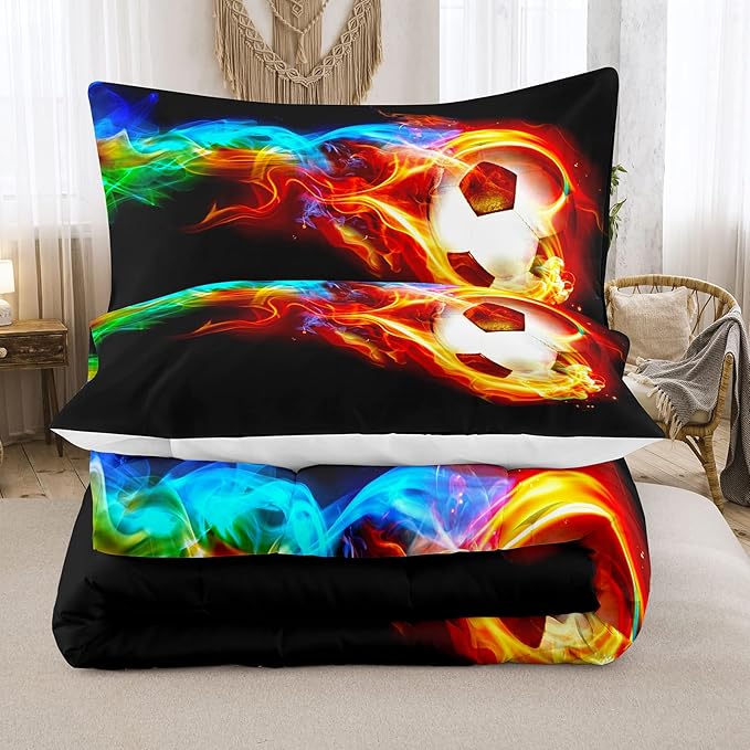 Bodhi Soccer Comforter Set King Size,Fire Sports Comforter Set for Boys,Football Bedding King,Teen Boy Bedding Set with Matching Pillowcases,Kids Comforter Set King - LeafyLoom