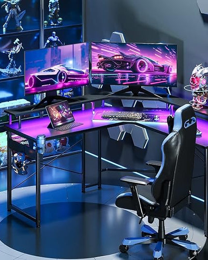 ODK L Shaped Gaming Desk with LED Lights & Power Outlets, 51" Computer Desk with Full Monitor Stand, Corner Desk with Cup Holder, Gaming Table with Hooks, Black - LeafyLoom