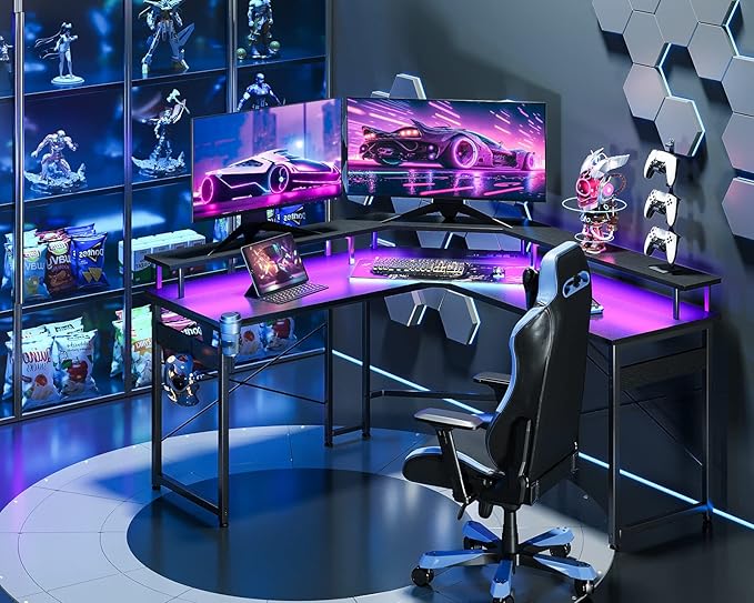 ODK L Shaped Gaming Desk with LED Lights & Power Outlets, 51" Computer Desk with Full Monitor Stand, Corner Desk with Cup Holder, Gaming Table with Hooks, Black - LeafyLoom