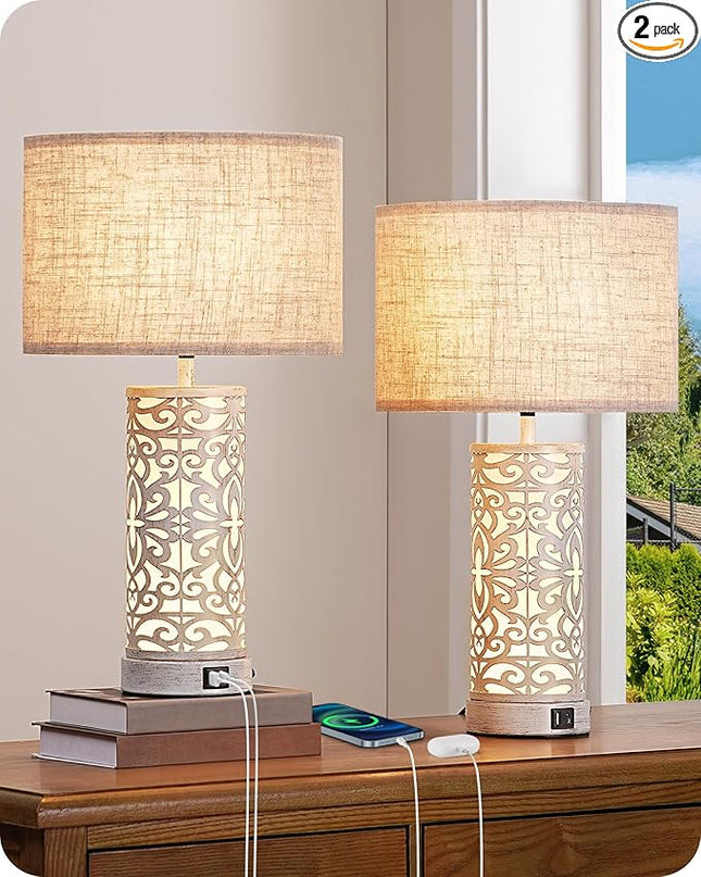 EDISHINE 21.65" Farmhouse Table Lamp Set of 2, Touch 3-Way Dimmable Vintage Nightstand Lamp with A+C USB Ports, Bedside Lamp with Night Light Base for Living Room, Bedroom - LeafyLoom