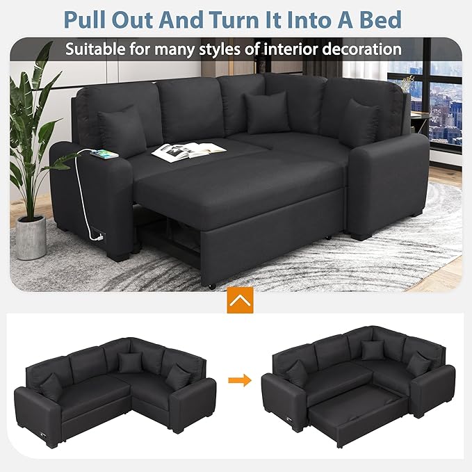 87.4" L-Shape Sectional Sleeper Sofa with Chaise &Pull-out Bed, Chenille Upholstered Couch w/USB Ports, Power Sockets and 3 Pillows, for Living Room, Apartment, 87.4 Inch, Black - LeafyLoom