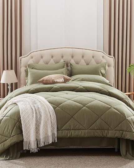 NexHome Queen Comforter Set, 7-Pieces Olive Green Bed in a Bag Queen Size Reversible Comforter All Season Soft Bedding Sets with Comforter, Flat Sheet, Fitted Sheet, Pillowcases & Shams - LeafyLoom