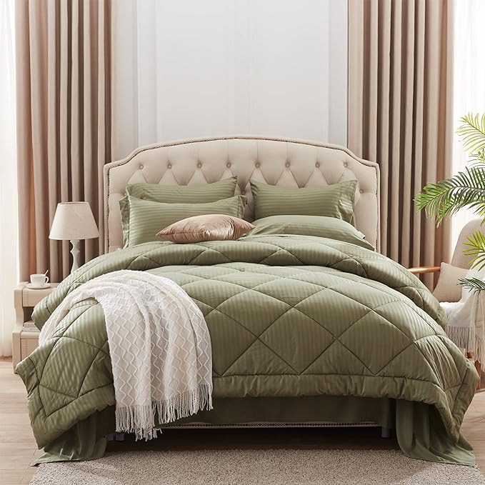 NexHome Queen Comforter Set, 7-Pieces Olive Green Bed in a Bag Queen Size Reversible Comforter All Season Soft Bedding Sets with Comforter, Flat Sheet, Fitted Sheet, Pillowcases & Shams - LeafyLoom
