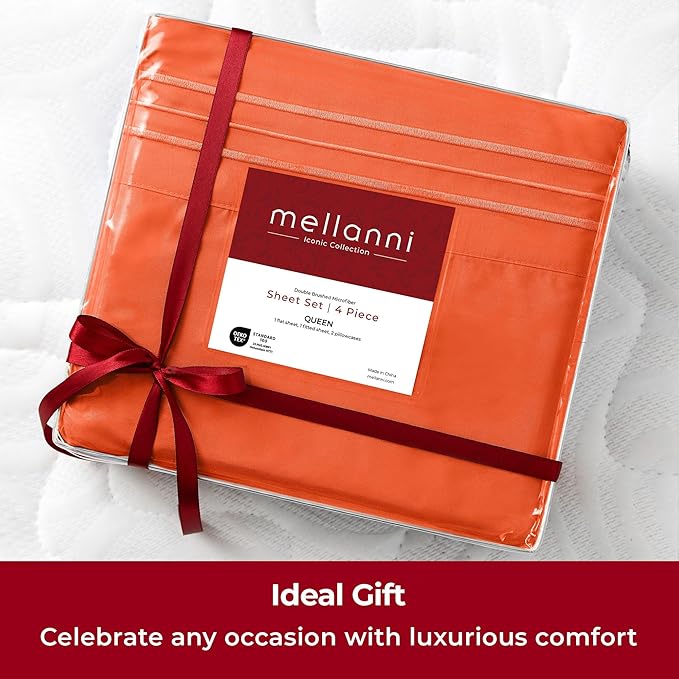 Mellanni California King Sheets Set - 4 PC Iconic Collection Bedding Sheets & Pillowcases - Hotel Luxury, Extra Soft, Cooling Bed Sheets - Deep Pocket up to 16 inch (Cal King, Poppy Orange) - LeafyLoom