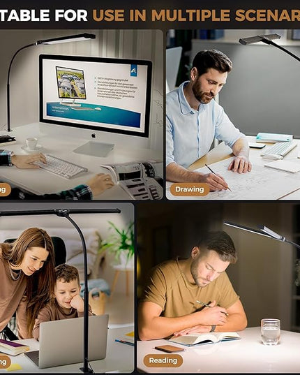 Led Desk Lamp for Home Office, Double Head Desktop Light with Clamp, Remote Control Architect Lamps for Computer Monitor, Read, Study, 25 Lighting Modes, Eye Care, Flexible Gooseneck, Black - LeafyLoom