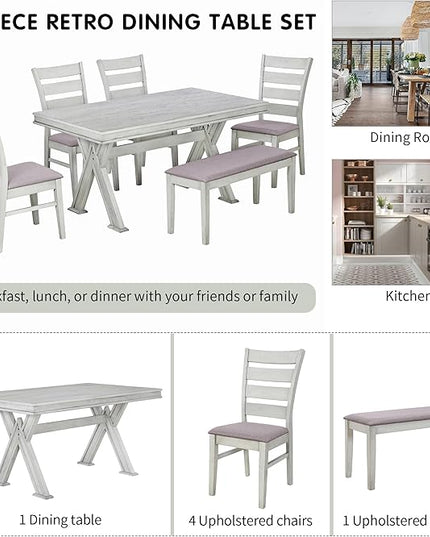 Retro 59" L Rectangular Unique Legs and 4 Upholstered Chairs & 1 Bench, Rubber Wood, Easy Assembly, for Kitchen, Room, 6 Piece Dining Table Set, White 28 - LeafyLoom