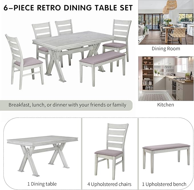 Retro 59" L Rectangular Unique Legs and 4 Upholstered Chairs & 1 Bench, Rubber Wood, Easy Assembly, for Kitchen, Room, 6 Piece Dining Table Set, White 28 - LeafyLoom