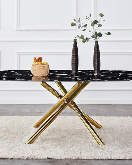 NicBex Large Modern Minimalist Rectangular Dining Table with 0.39 "Imitation Marble Black Tabletop and Golden Metal Legs for Kitchen Dining Living Meeting Room Banquet Hall, Black - LeafyLoom
