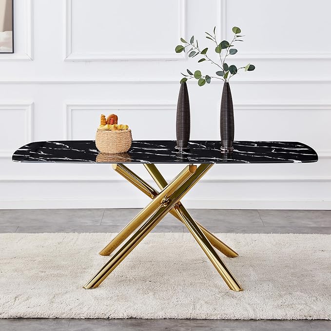 NicBex Large Modern Minimalist Rectangular Dining Table with 0.39 "Imitation Marble Black Tabletop and Golden Metal Legs for Kitchen Dining Living Meeting Room Banquet Hall, Black - LeafyLoom