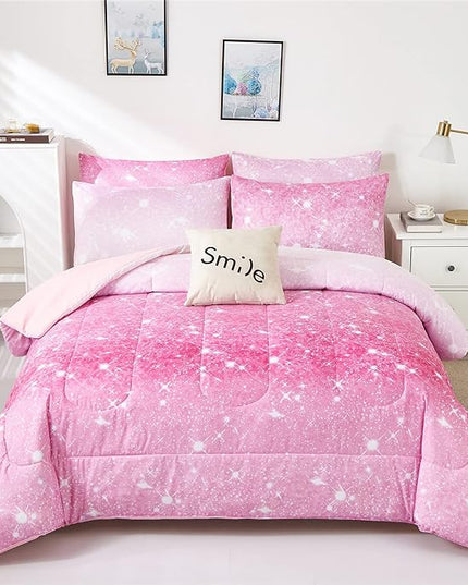 Pink Glitter Comforter Set Full/Queen Size for Girls, Sparkle Galaxy Twinkle Starlight Comforter for Kids Teen,2 Piece Pink Ombre Pastel Bedding Set with 2 Pillow Cases(Pink) - LeafyLoom