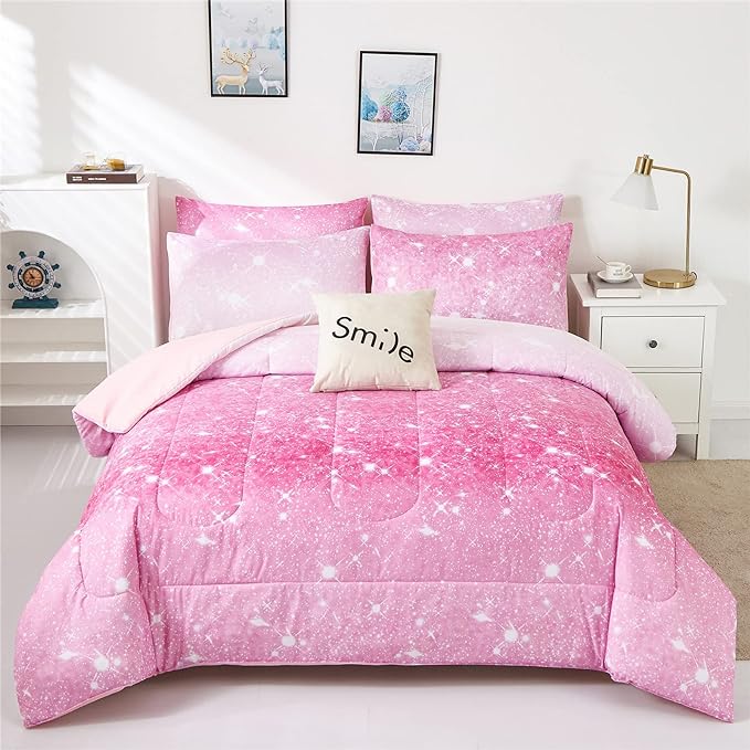 Pink Glitter Comforter Set Full/Queen Size for Girls, Sparkle Galaxy Twinkle Starlight Comforter for Kids Teen,2 Piece Pink Ombre Pastel Bedding Set with 2 Pillow Cases(Pink) - LeafyLoom
