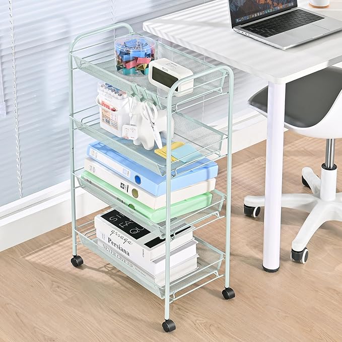 TOOLF 4-Tier Rolling Cart, Metal Utility Cart with 3 Hooks, Easy Assemble Mobile Storage Trolley On Wheels, Metal Shelving Units Kitchen Bathroom Laundry Room - LeafyLoom