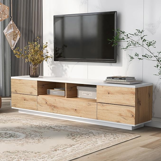 71 Inch TV Stand for TVs up to 80'', Television Stand with Ample Storage Space and Door Rebound Device, Entertainment Center for Living Room, Bedroom, Natural+White - LeafyLoom