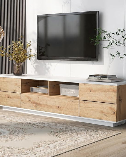 Modern Stand 80'', Media Console with Multi-Functional Storage, Entertainment Center with Door Rebound Device, TV Cabinet Table for Living Room, Bedroom, Natural+White - LeafyLoom