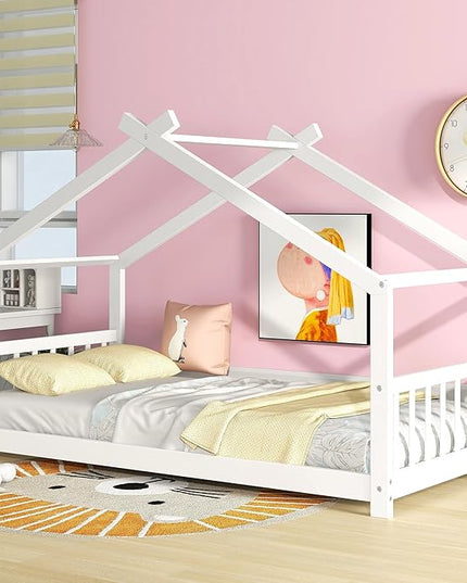 Montessori Floor Bed Frame Twin Size, Twin Floor Bed Frame with Headboard, Footboard and Slats, Wood Montessori Bed Frame/Montessori House Bed for Kids, Girls, Boys(White) - LeafyLoom