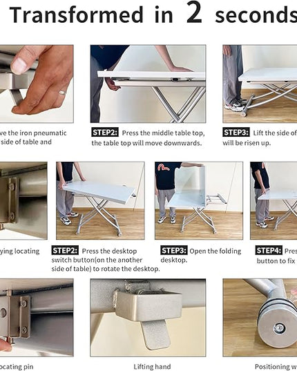 Multifunctional Folding Dining Table, Versatile Lift Top Coffee Table Convertible to Dining Table Height Adjustable Wooden Dinner Table with Metal legs Space Saving White - LeafyLoom