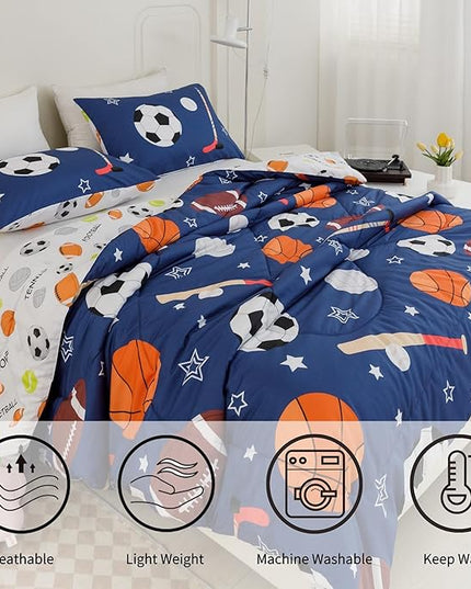 RYNGHIPY Kids Sports Theme Bedding Set, Basketball Football Baseball Tennis Print Comforter Set for Teens Boys Girls, Super Soft Lightweight (Balls,Twin) - LeafyLoom
