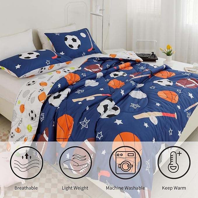 RYNGHIPY Kids Sports Theme Bedding Set, Basketball Football Baseball Tennis Print Comforter Set for Teens Boys Girls, Super Soft Lightweight (Balls,Twin) - LeafyLoom
