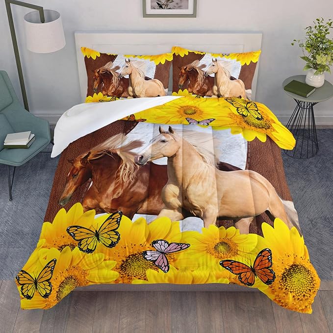 Kid Galloping Horse Comforter Sunflower Butterfly Cowhide Horse Bedding Set for Boys Girls Adult, 1 Comforter + 2 Pillowcases - LeafyLoom