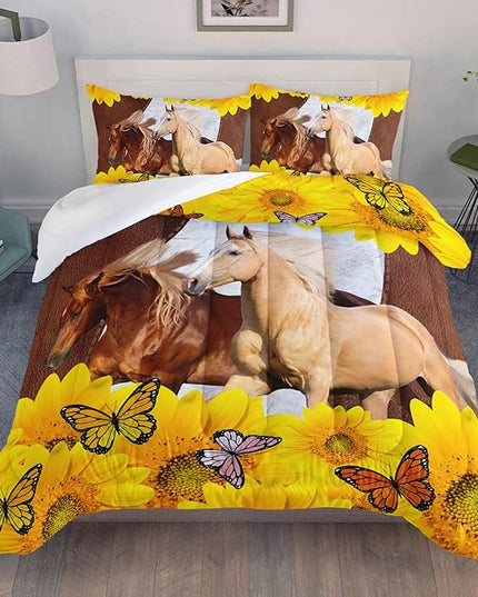 Kid Galloping Horse Comforter Sunflower Butterfly Cowhide Horse Bedding Set for Boys Girls Adult, 1 Comforter + 2 Pillowcases - LeafyLoom