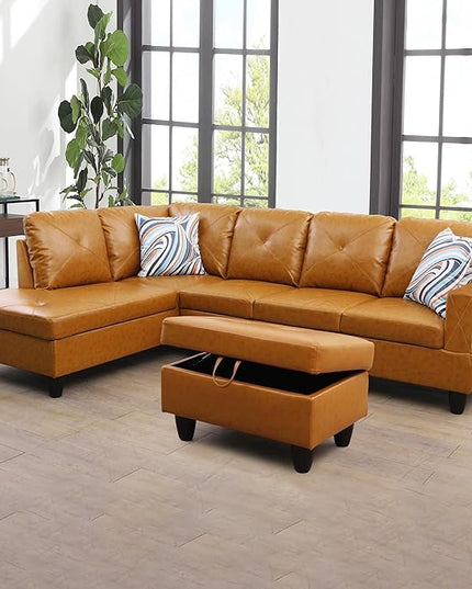 3-Piece L-Shaped Sectional Couches with 66.5'' Chaise Lounge & Storage Ottoman, Modular Living Room Sofas for Home Office, 97'' Left Hand Facing, Ginger Faux Leather - LeafyLoom