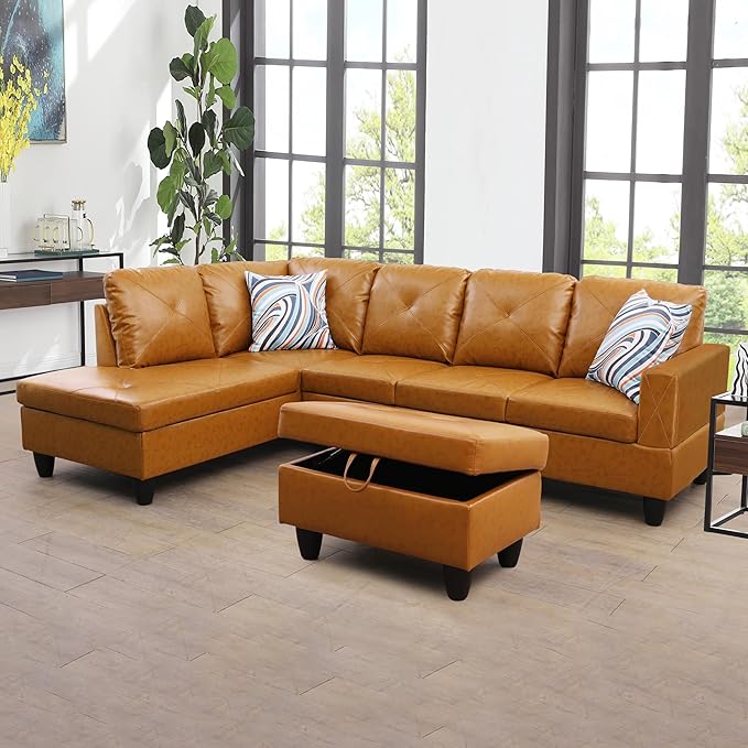 3-Piece L-Shaped Sectional Couches with 66.5'' Chaise Lounge & Storage Ottoman, Modular Living Room Sofas for Home Office, 97'' Left Hand Facing, Ginger Faux Leather - LeafyLoom
