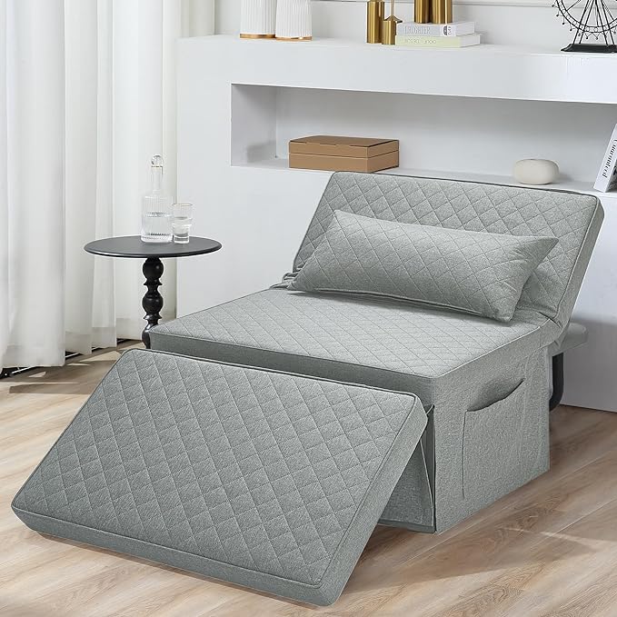 Sofa Bed, 4 in 1 Multi-Function Folding Ottoman Breathable Linen Couch Bed with Adjustable Backrest Modern Convertible Chair for Living Room Apartment Office,Squared-Linen Light Grey - LeafyLoom