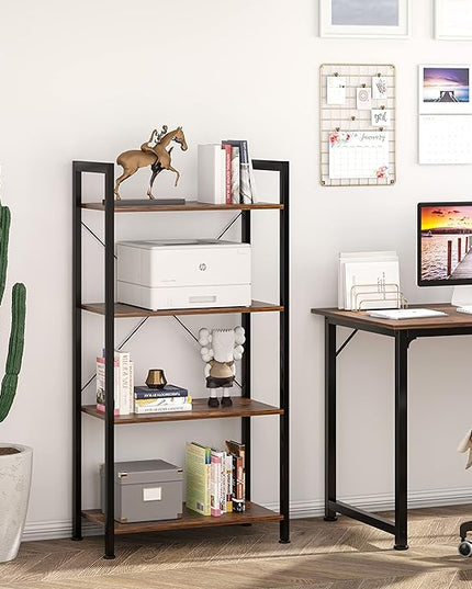VERMESS 4-Tier Bookshelf, 24 inch Wood Bookcase with Open Shelves, Rustic Brown Book Shelf Storage Shelving Unit, Industrial Standing Bookshelves Metal Frame Display Rack for Living Room, Bedroom - LeafyLoom