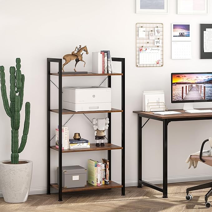VERMESS 4-Tier Bookshelf, 24 inch Wood Bookcase with Open Shelves, Rustic Brown Book Shelf Storage Shelving Unit, Industrial Standing Bookshelves Metal Frame Display Rack for Living Room, Bedroom - LeafyLoom