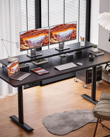 Electric Standing Desk with Monitor Shelf, 63 x 27 Inches Height Adjustable Corner Table, Computer Workstation with Cup Holder and Hook for Home Office, Black, 63x27 Inch - LeafyLoom