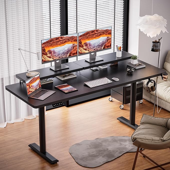 Electric Standing Desk with Monitor Shelf, 63 x 27 Inches Height Adjustable Corner Table, Computer Workstation with Cup Holder and Hook for Home Office, Black, 63x27 Inch - LeafyLoom