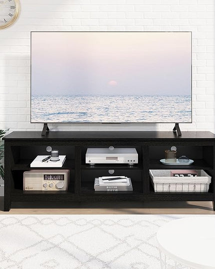 TV Stand for 75 inch TV with Storage,Modern TV Entertainment Center for Bedroom,TV Media Console Table with 6 Open Storage Shelve,63 inch Wood TV Cabinet Black - LeafyLoom