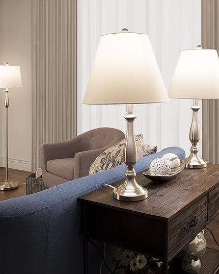 3-Piece Home Lighting Set - Coordinating Bundle with 2 Table Lamps and 1 Floor Lamp for Home and Office Decor by Lavish Home (Silver) - LeafyLoom