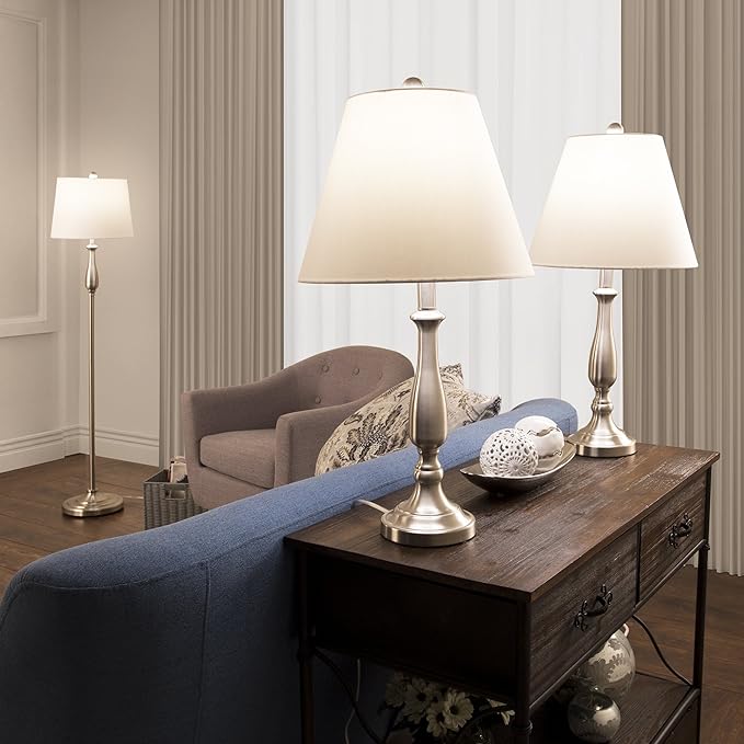 3-Piece Home Lighting Set - Coordinating Bundle with 2 Table Lamps and 1 Floor Lamp for Home and Office Decor by Lavish Home (Silver) - LeafyLoom