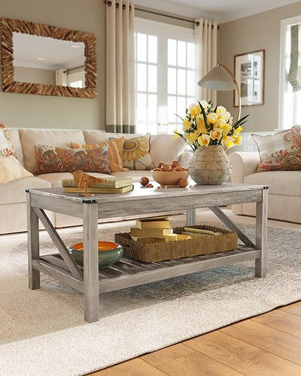 Farmhouse Coffee Table with 2-Tier Shelves - Rectangular Coffee Table with Storage for Living Room, Wood Coffee Table with Sturdy Frame, Washed Grey - LeafyLoom