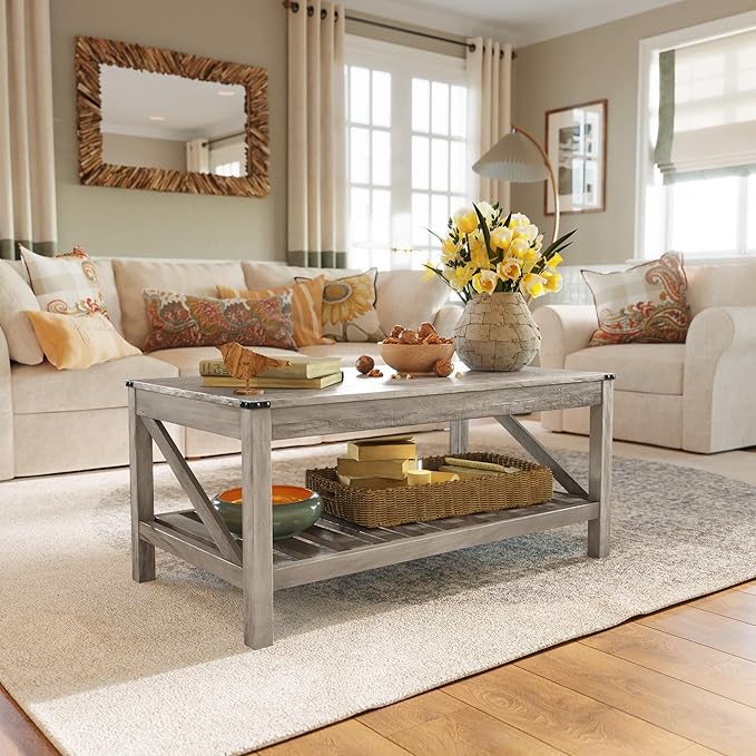 Farmhouse Coffee Table with 2-Tier Shelves - Rectangular Coffee Table with Storage for Living Room, Wood Coffee Table with Sturdy Frame, Washed Grey - LeafyLoom