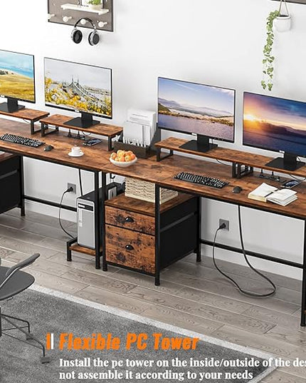 Furologee Desk with Drawer and Power Outlets, 55" Large Compter Desk with Fabric File Cabinet and 2 Movable Monitor Shelf, Writing Gaming Table with CPU Stand and 2 Hooks for Home Office, Rustic Brown - LeafyLoom