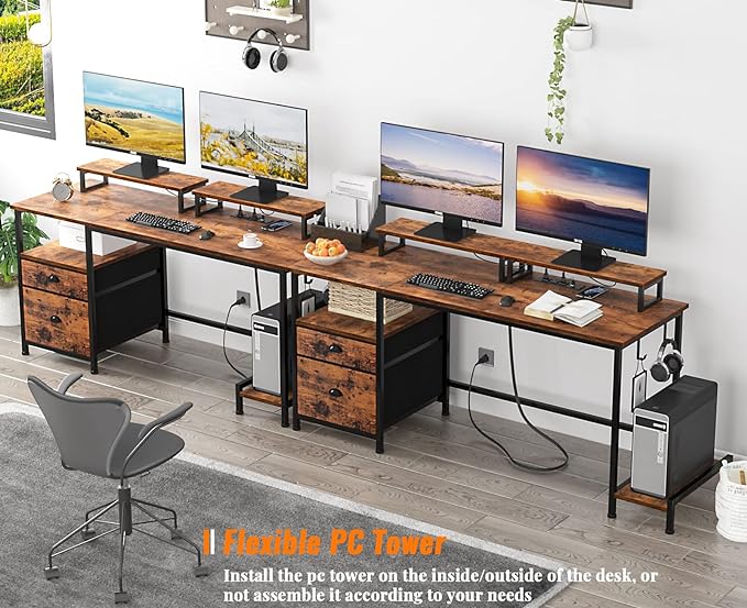 Furologee Desk with Drawer and Power Outlets, 55" Large Compter Desk with Fabric File Cabinet and 2 Movable Monitor Shelf, Writing Gaming Table with CPU Stand and 2 Hooks for Home Office, Rustic Brown - LeafyLoom
