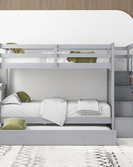 Twin Over Twin Bunk Bed with Stairs, 4 Storage Drawers and Trundle, Wooden Bunkbeds with Staircase and Full-Length Guardrails, for Kids/Teens Bedroom, Gray - LeafyLoom