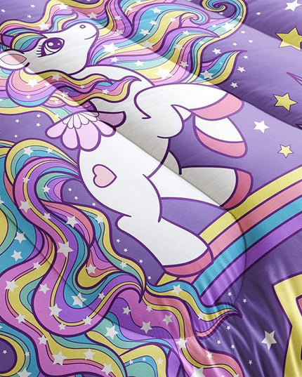 Unicorn Comforter King Size,Rainbow Unicorn Comforter Set for Kids Teens Girls,3Pcs Bedding Set Printed Comforter with 2 Pillowcases,Down Alternative,Soft and Lightweight(Purple，King Size) - LeafyLoom