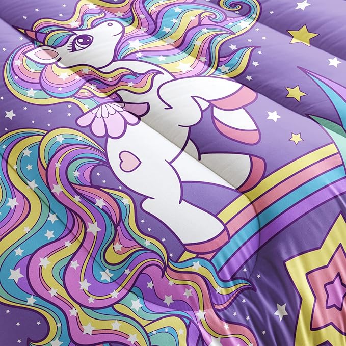 Unicorn Comforter King Size,Rainbow Unicorn Comforter Set for Kids Teens Girls,3Pcs Bedding Set Printed Comforter with 2 Pillowcases,Down Alternative,Soft and Lightweight(Purple，King Size) - LeafyLoom