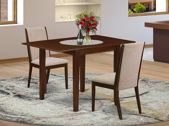 East West Furniture NDLA3-MAH-04 Norden 3 Piece Dining Set Contains a Rectangle Kitchen Table with Dropleaf and 2 Light Tan Linen Fabric Upholstered Chairs, 30x48 Inch, Mahogany - LeafyLoom