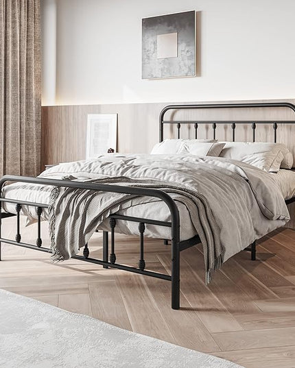 Vintage Full Size Bed Frame with Headboard and Footboard Mattress Heavy Duty Metal Platform, Steel Slat Support (Full, Black Sanded) - LeafyLoom