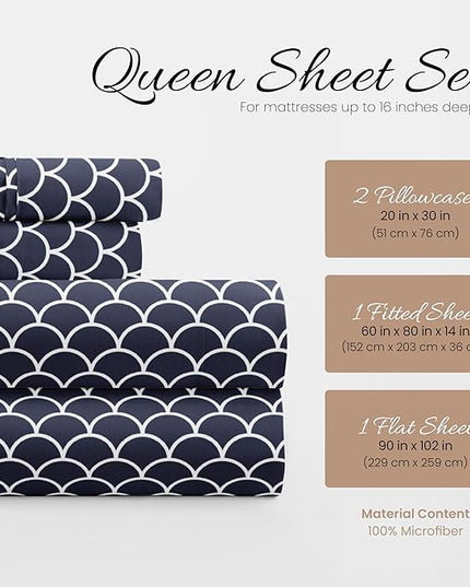Linen Market 4 Piece Sheet Set Patterned, Queen, Scallop Navy - LeafyLoom