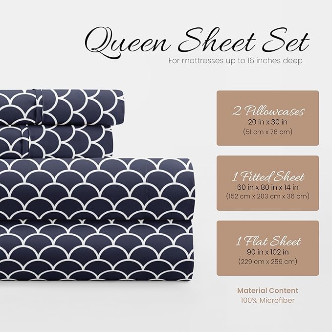 Linen Market 4 Piece Sheet Set Patterned, Queen, Scallop Navy - LeafyLoom